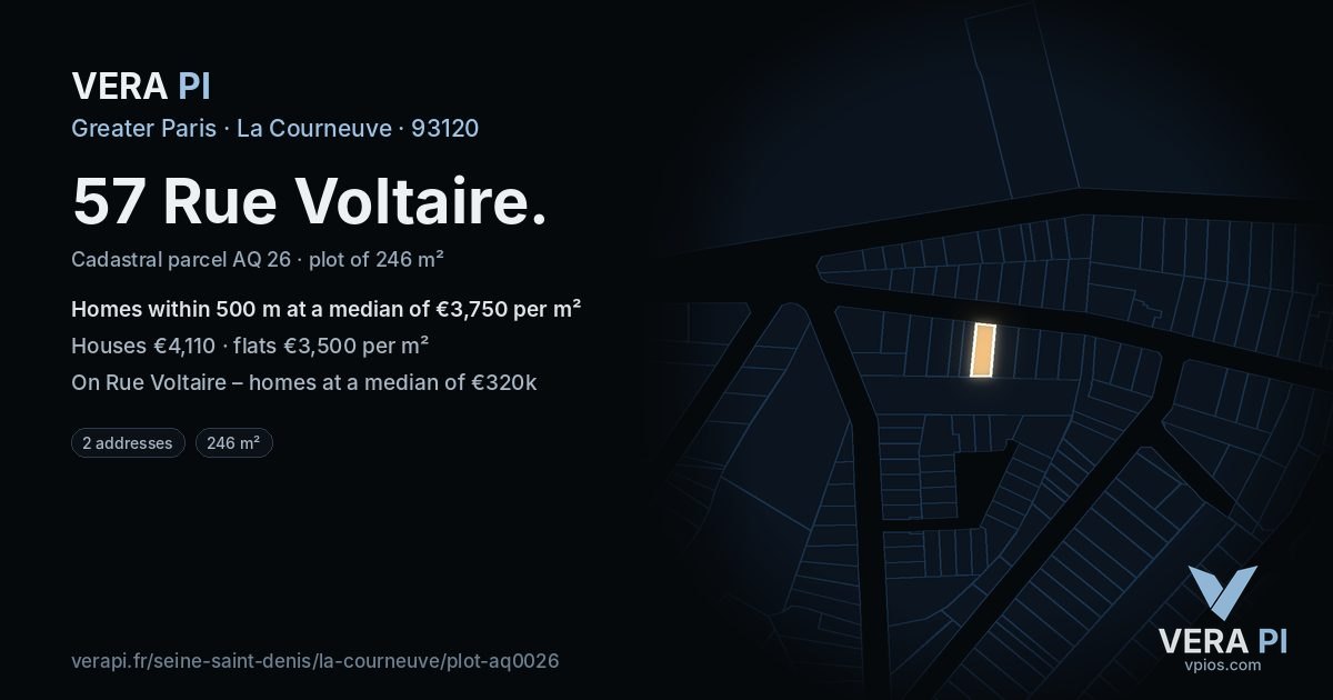57 Rue Voltaire, La Courneuve at night – the plot lit, the parcels around coloured by the prices near them