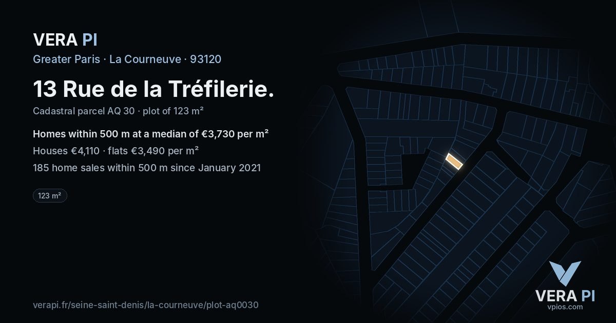 13 Rue de la Tréfilerie, La Courneuve at night – the plot lit, the parcels around coloured by the prices near them