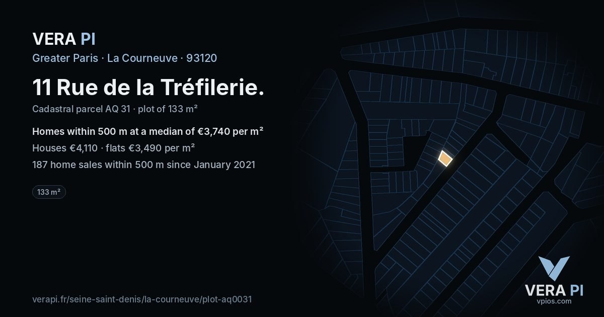 11 Rue de la Tréfilerie, La Courneuve at night – the plot lit, the parcels around coloured by the prices near them