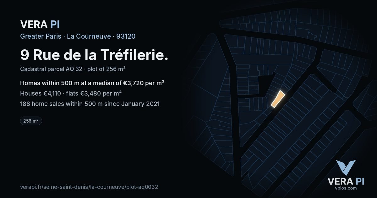 9 Rue de la Tréfilerie, La Courneuve at night – the plot lit, the parcels around coloured by the prices near them