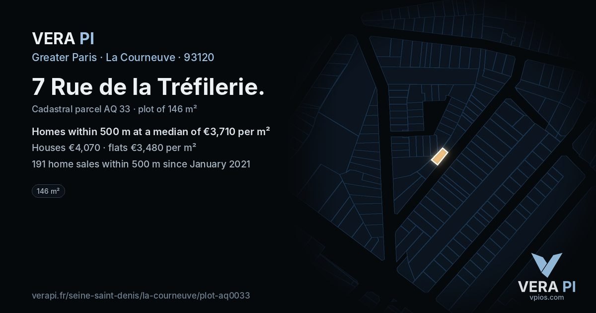 7 Rue de la Tréfilerie, La Courneuve at night – the plot lit, the parcels around coloured by the prices near them