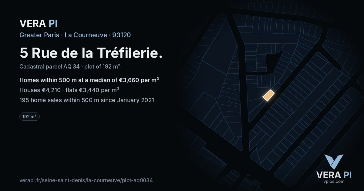 5 Rue de la Tréfilerie, La Courneuve at night – the plot lit, the parcels around coloured by the prices near them