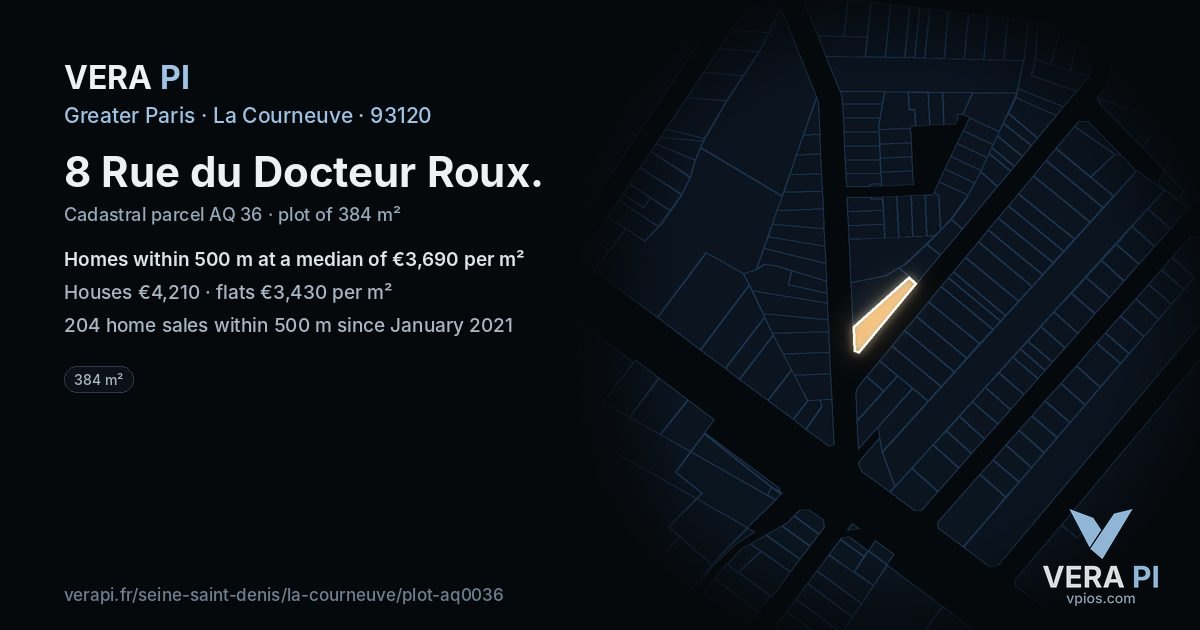 8 Rue du Docteur Roux, La Courneuve at night – the plot lit, the parcels around coloured by the prices near them