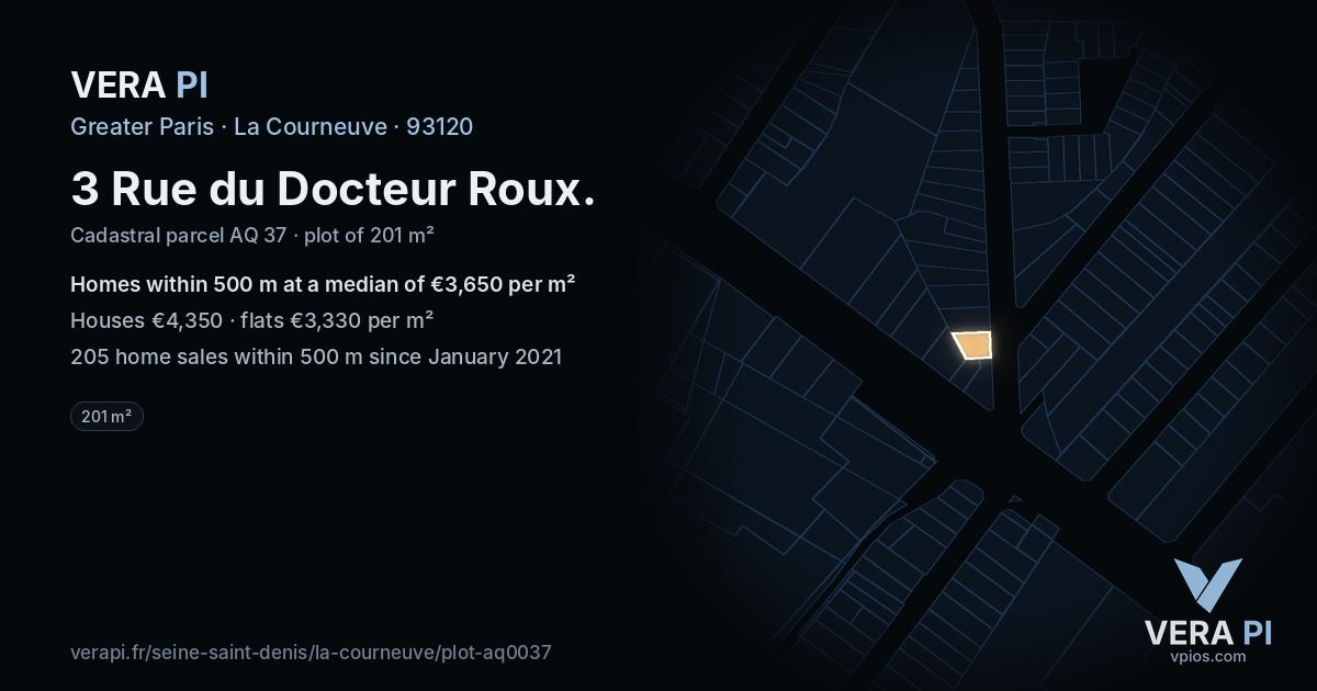 3 Rue du Docteur Roux, La Courneuve at night – the plot lit, the parcels around coloured by the prices near them