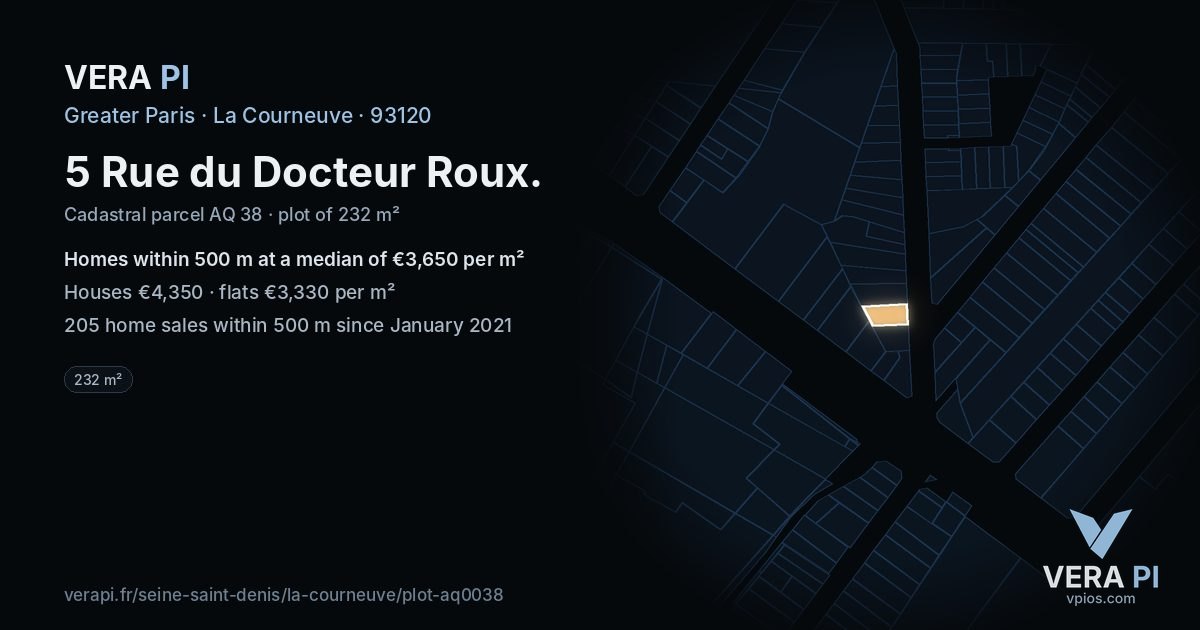 5 Rue du Docteur Roux, La Courneuve at night – the plot lit, the parcels around coloured by the prices near them