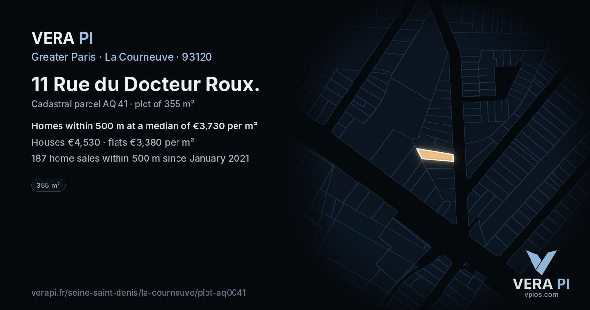 11 Rue du Docteur Roux, La Courneuve at night – the plot lit, the parcels around coloured by the prices near them