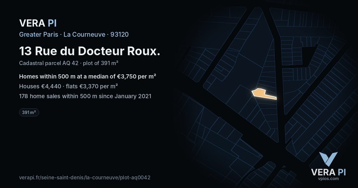 13 Rue du Docteur Roux, La Courneuve at night – the plot lit, the parcels around coloured by the prices near them