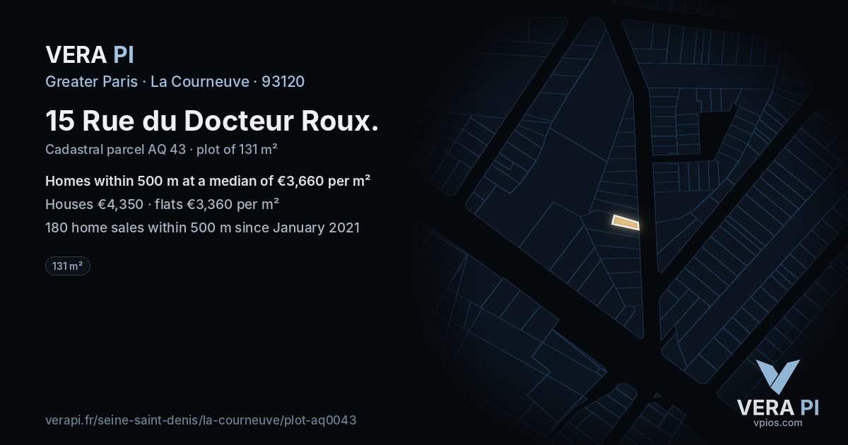 15 Rue du Docteur Roux, La Courneuve at night – the plot lit, the parcels around coloured by the prices near them