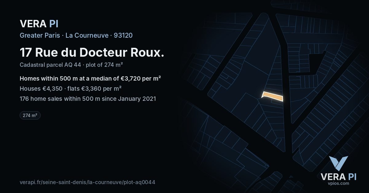 17 Rue du Docteur Roux, La Courneuve at night – the plot lit, the parcels around coloured by the prices near them
