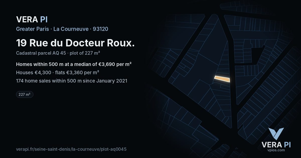 19 Rue du Docteur Roux, La Courneuve at night – the plot lit, the parcels around coloured by the prices near them