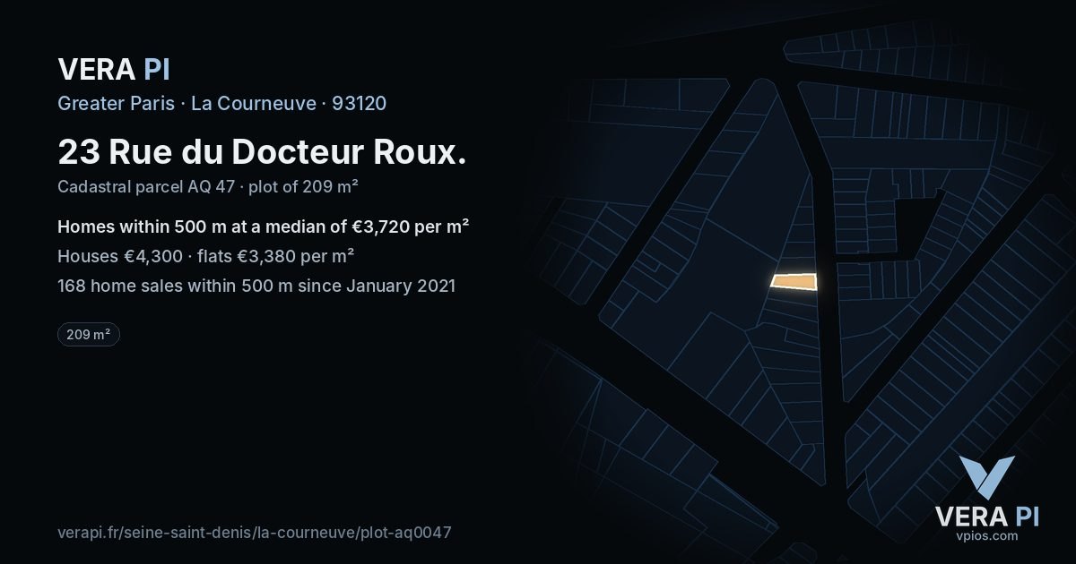23 Rue du Docteur Roux, La Courneuve at night – the plot lit, the parcels around coloured by the prices near them