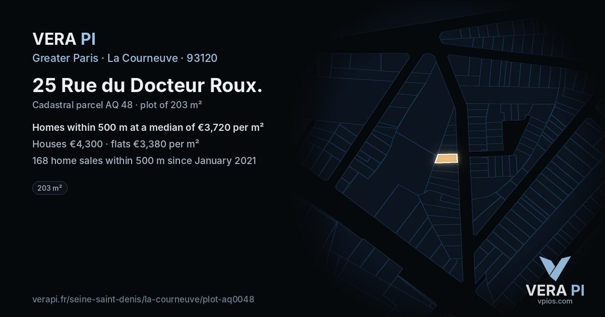 25 Rue du Docteur Roux, La Courneuve at night – the plot lit, the parcels around coloured by the prices near them