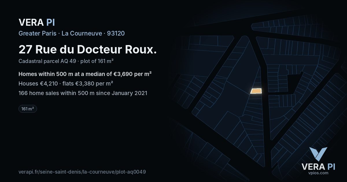 27 Rue du Docteur Roux, La Courneuve at night – the plot lit, the parcels around coloured by the prices near them
