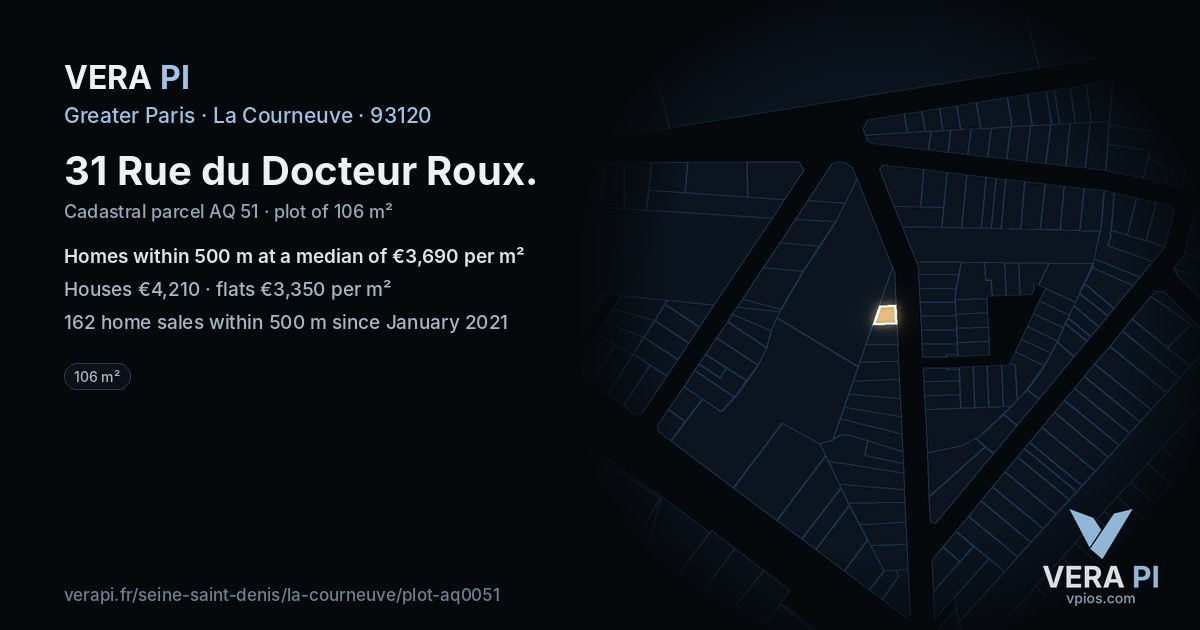 31 Rue du Docteur Roux, La Courneuve at night – the plot lit, the parcels around coloured by the prices near them