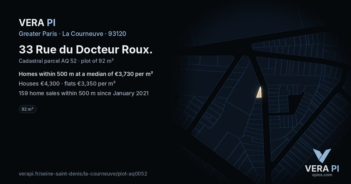 33 Rue du Docteur Roux, La Courneuve at night – the plot lit, the parcels around coloured by the prices near them