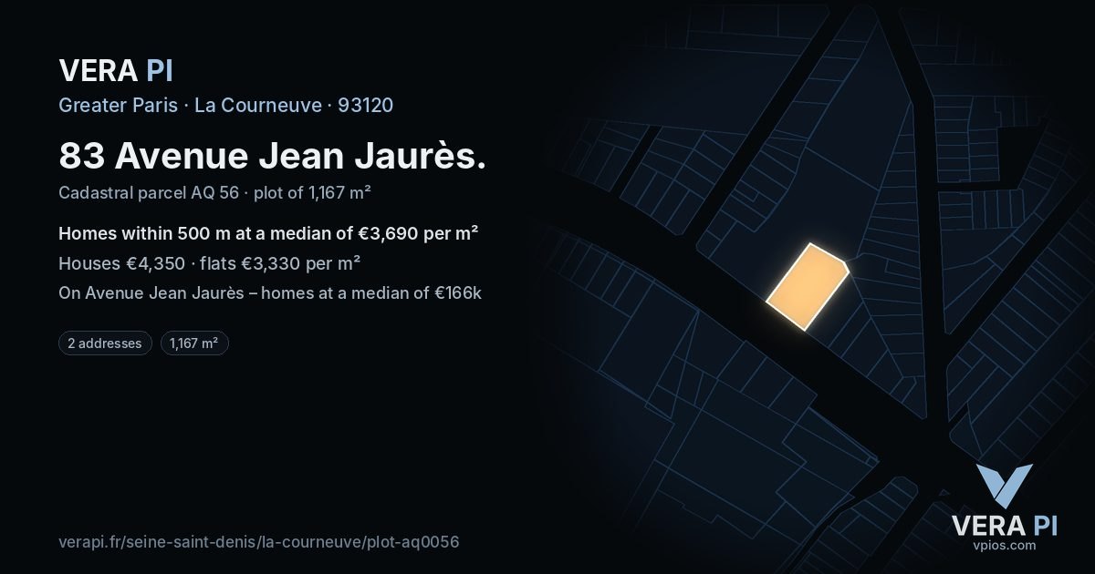 83 Avenue Jean Jaurès, La Courneuve at night – the plot lit, the parcels around coloured by the prices near them