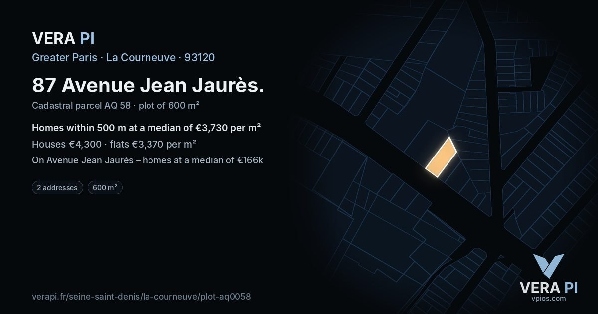 87 Avenue Jean Jaurès, La Courneuve at night – the plot lit, the parcels around coloured by the prices near them