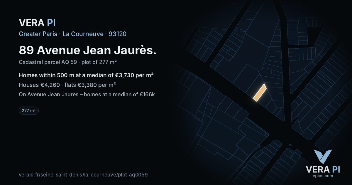 89 Avenue Jean Jaurès, La Courneuve at night – the plot lit, the parcels around coloured by the prices near them