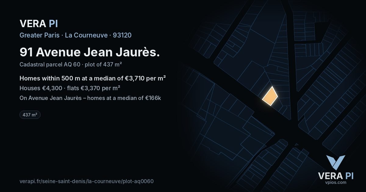 91 Avenue Jean Jaurès, La Courneuve at night – the plot lit, the parcels around coloured by the prices near them