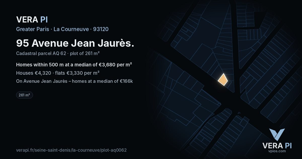 95 Avenue Jean Jaurès, La Courneuve at night – the plot lit, the parcels around coloured by the prices near them