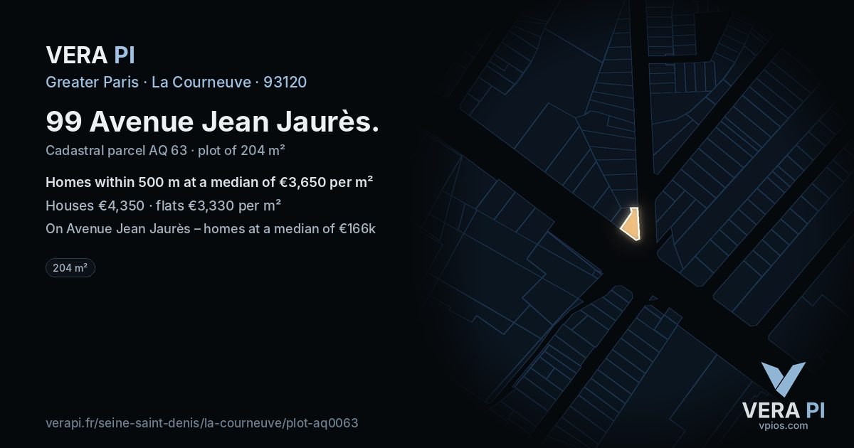 99 Avenue Jean Jaurès, La Courneuve at night – the plot lit, the parcels around coloured by the prices near them
