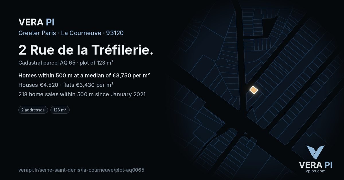 2 Rue de la Tréfilerie, La Courneuve at night – the plot lit, the parcels around coloured by the prices near them