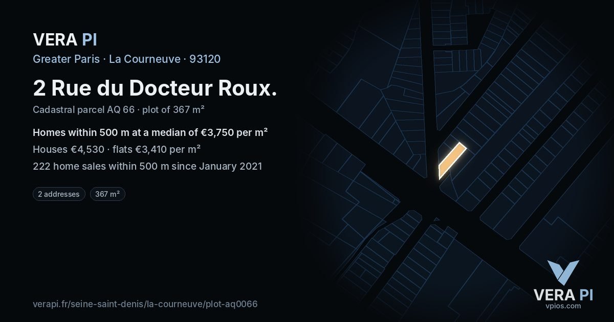 2 Rue du Docteur Roux, La Courneuve at night – the plot lit, the parcels around coloured by the prices near them