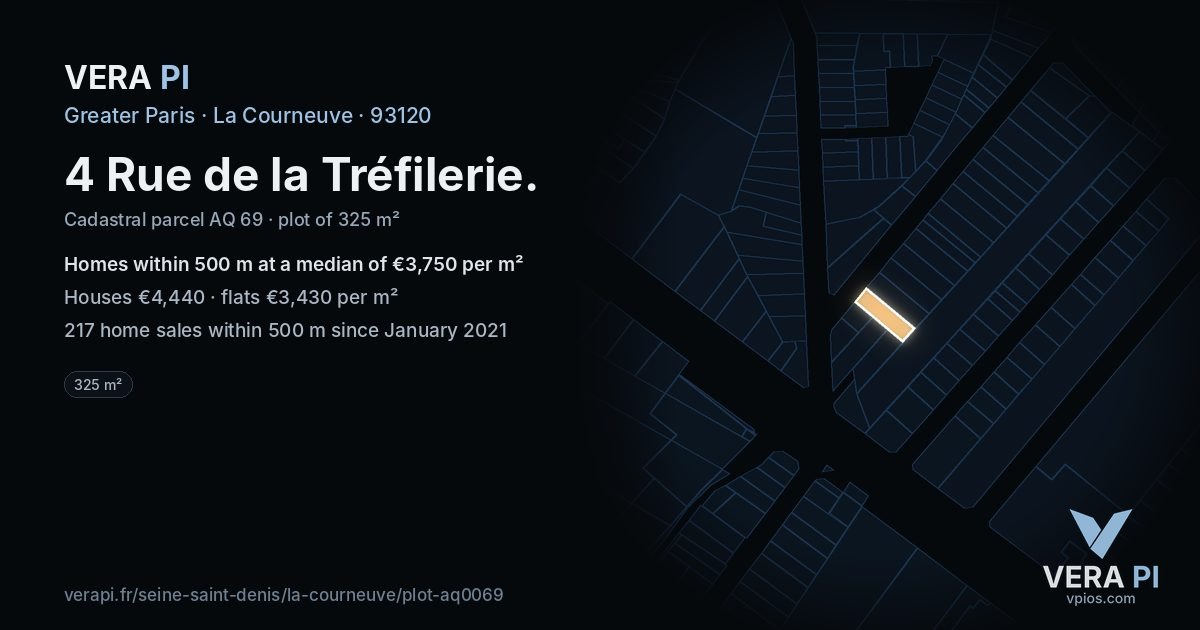 4 Rue de la Tréfilerie, La Courneuve at night – the plot lit, the parcels around coloured by the prices near them