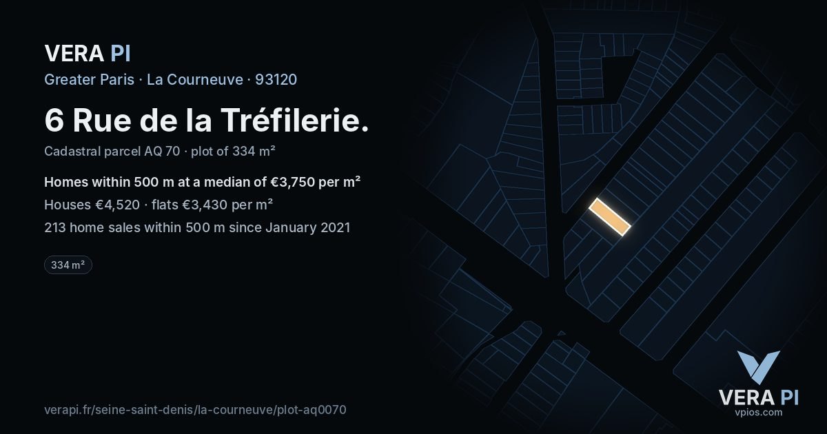 6 Rue de la Tréfilerie, La Courneuve at night – the plot lit, the parcels around coloured by the prices near them