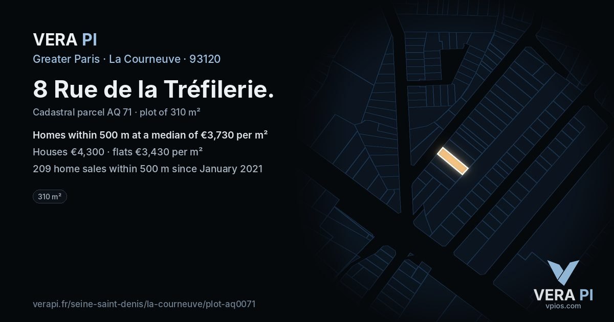 8 Rue de la Tréfilerie, La Courneuve at night – the plot lit, the parcels around coloured by the prices near them