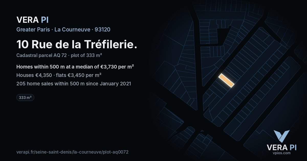 10 Rue de la Tréfilerie, La Courneuve at night – the plot lit, the parcels around coloured by the prices near them