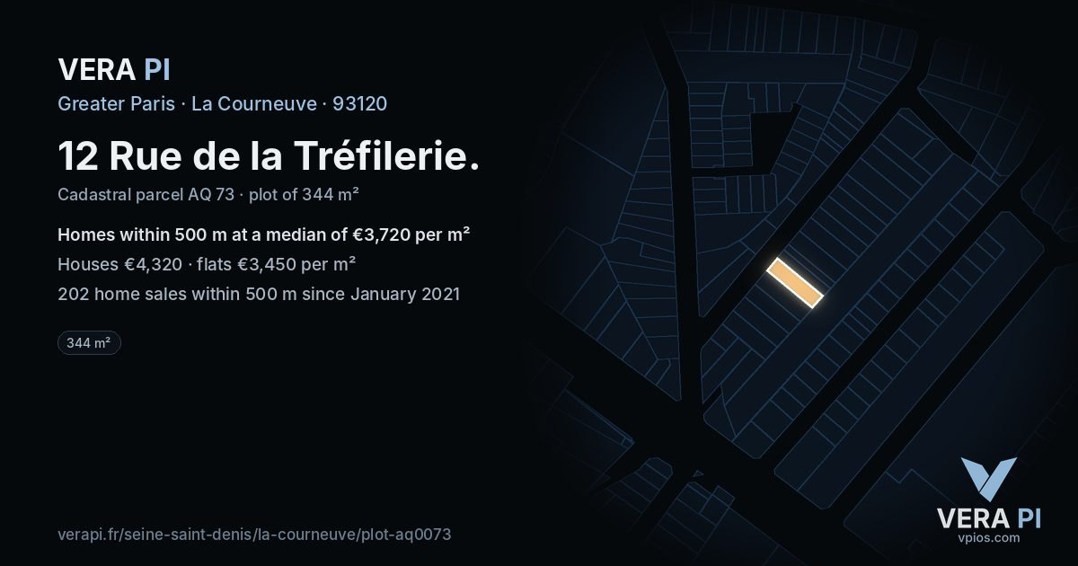 12 Rue de la Tréfilerie, La Courneuve at night – the plot lit, the parcels around coloured by the prices near them