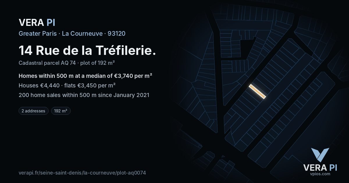 14 Rue de la Tréfilerie, La Courneuve at night – the plot lit, the parcels around coloured by the prices near them