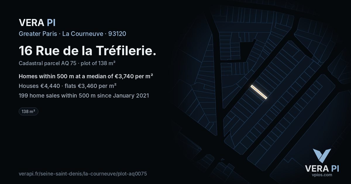 16 Rue de la Tréfilerie, La Courneuve at night – the plot lit, the parcels around coloured by the prices near them