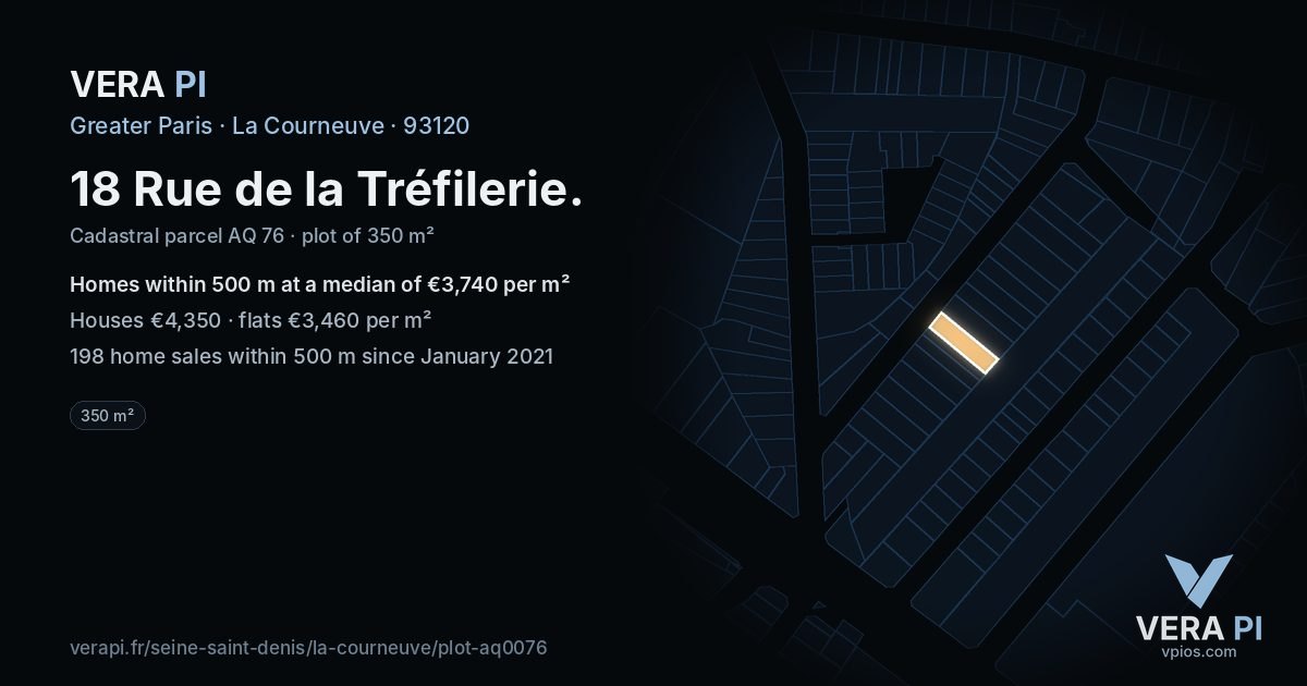18 Rue de la Tréfilerie, La Courneuve at night – the plot lit, the parcels around coloured by the prices near them
