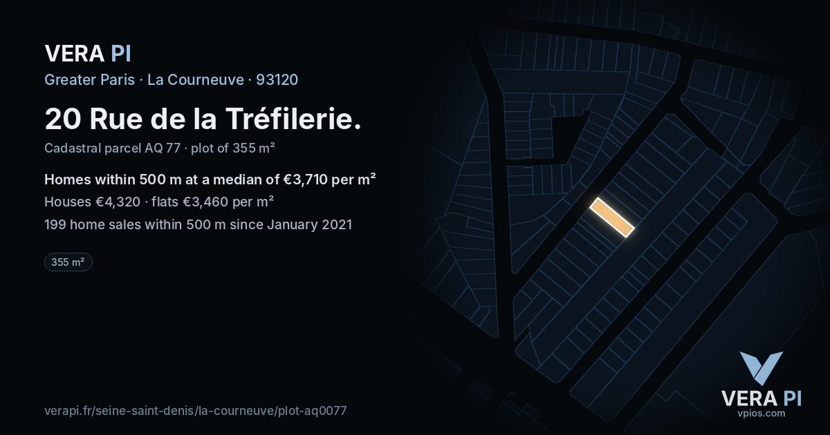 20 Rue de la Tréfilerie, La Courneuve at night – the plot lit, the parcels around coloured by the prices near them