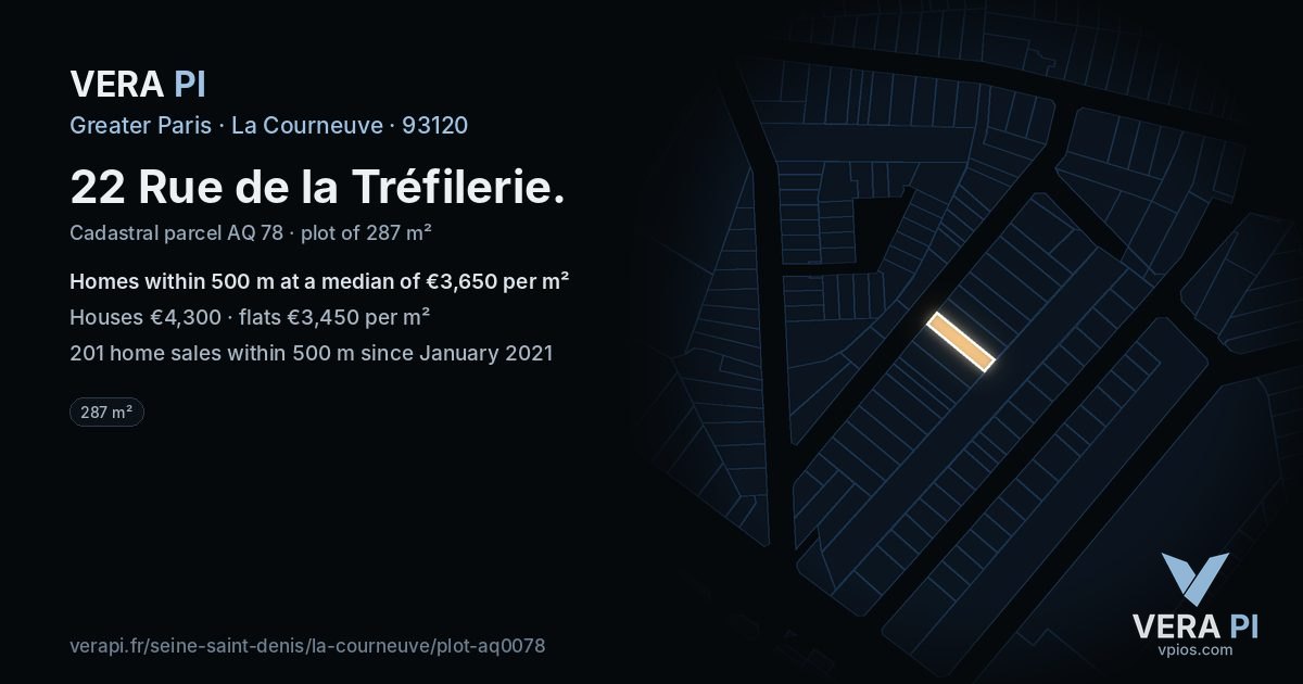22 Rue de la Tréfilerie, La Courneuve at night – the plot lit, the parcels around coloured by the prices near them