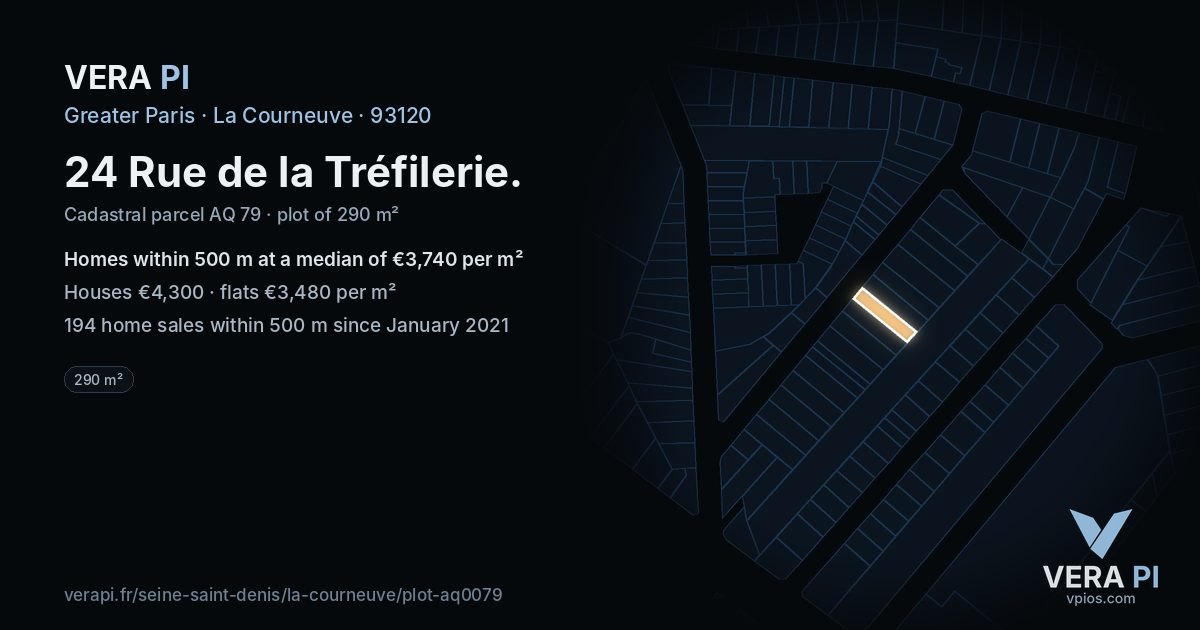 24 Rue de la Tréfilerie, La Courneuve at night – the plot lit, the parcels around coloured by the prices near them