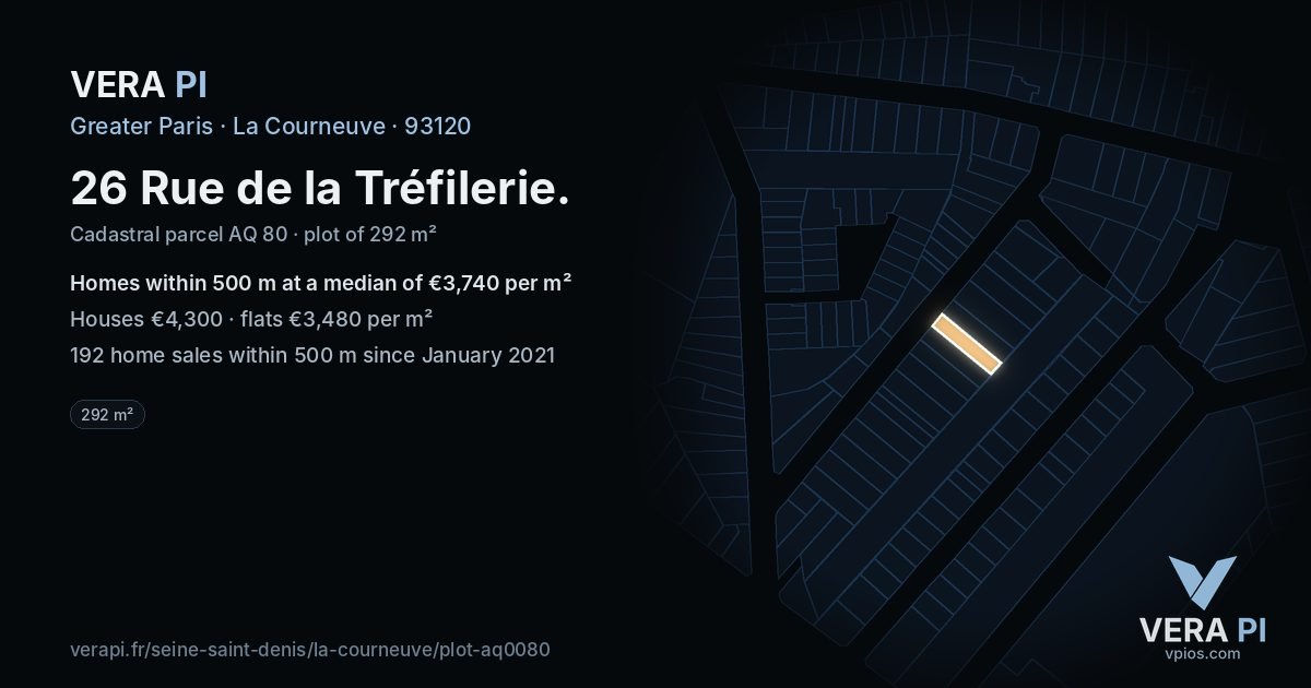 26 Rue de la Tréfilerie, La Courneuve at night – the plot lit, the parcels around coloured by the prices near them