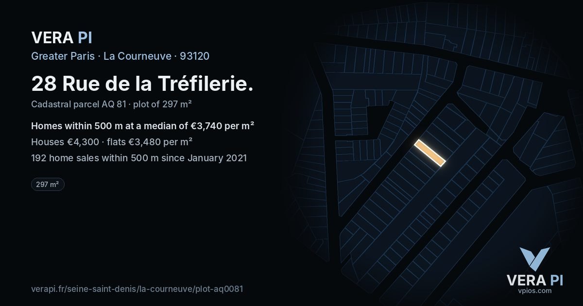 28 Rue de la Tréfilerie, La Courneuve at night – the plot lit, the parcels around coloured by the prices near them
