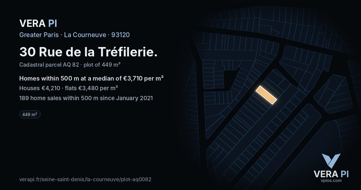 30 Rue de la Tréfilerie, La Courneuve at night – the plot lit, the parcels around coloured by the prices near them