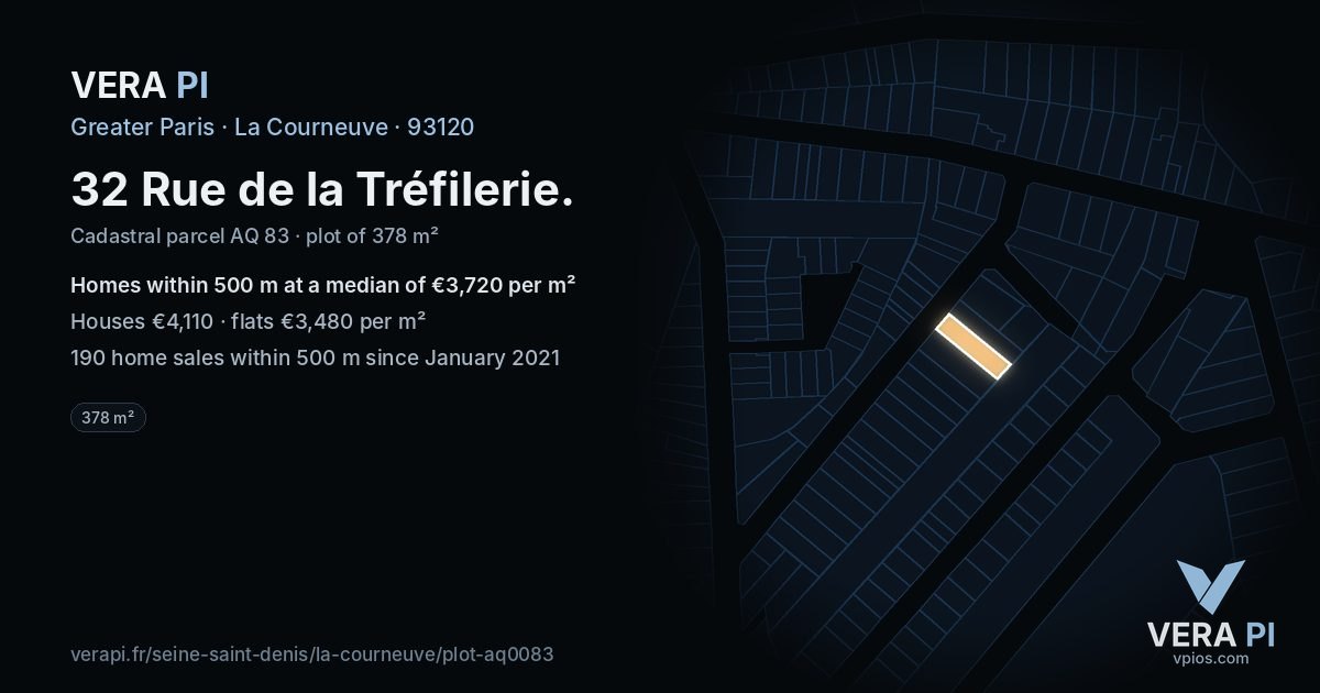 32 Rue de la Tréfilerie, La Courneuve at night – the plot lit, the parcels around coloured by the prices near them