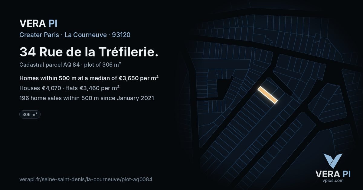 34 Rue de la Tréfilerie, La Courneuve at night – the plot lit, the parcels around coloured by the prices near them