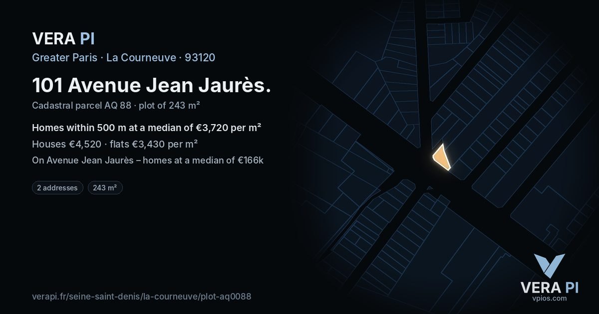 101 Avenue Jean Jaurès, La Courneuve at night – the plot lit, the parcels around coloured by the prices near them