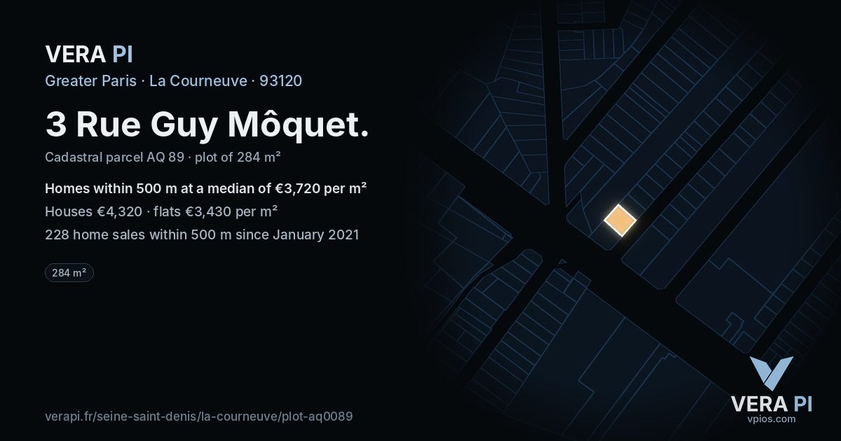 3 Rue Guy Môquet, La Courneuve at night – the plot lit, the parcels around coloured by the prices near them