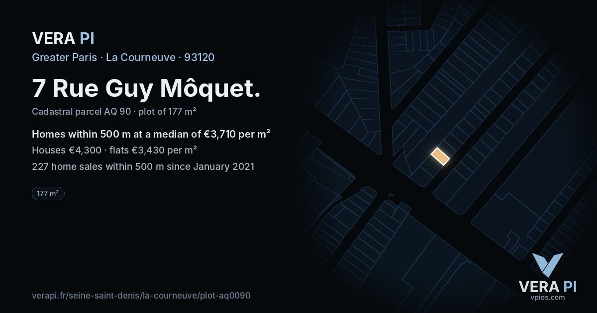 7 Rue Guy Môquet, La Courneuve at night – the plot lit, the parcels around coloured by the prices near them
