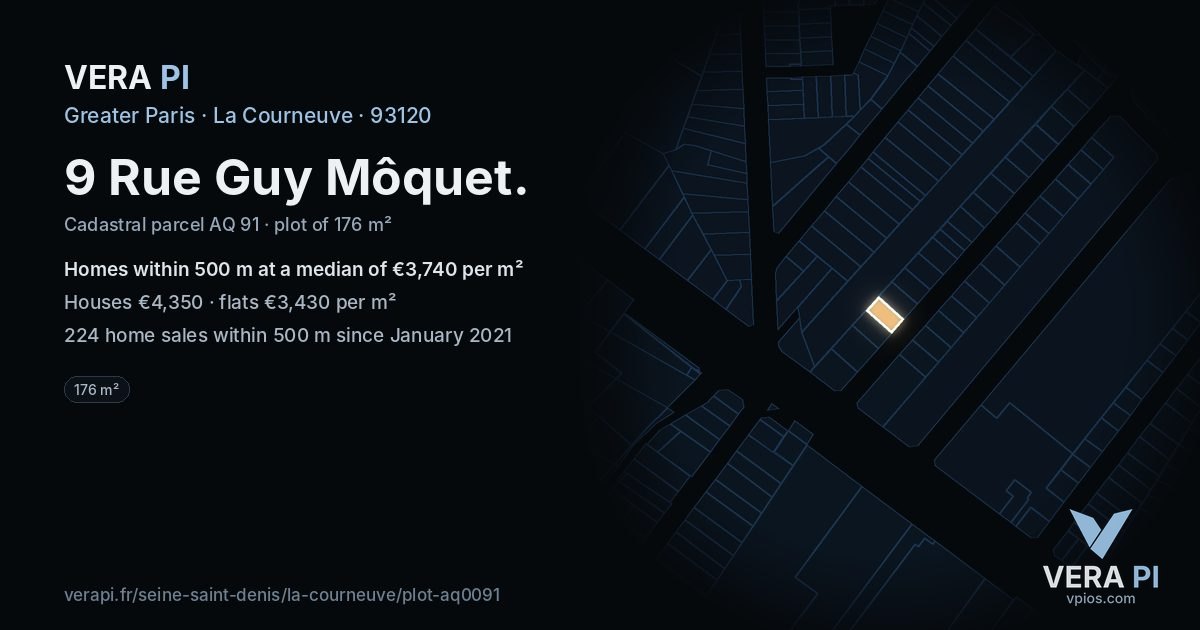 9 Rue Guy Môquet, La Courneuve at night – the plot lit, the parcels around coloured by the prices near them