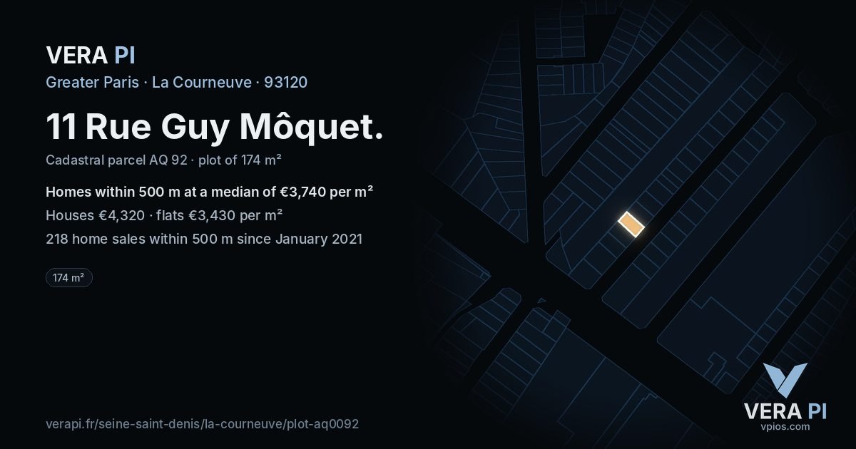 11 Rue Guy Môquet, La Courneuve at night – the plot lit, the parcels around coloured by the prices near them