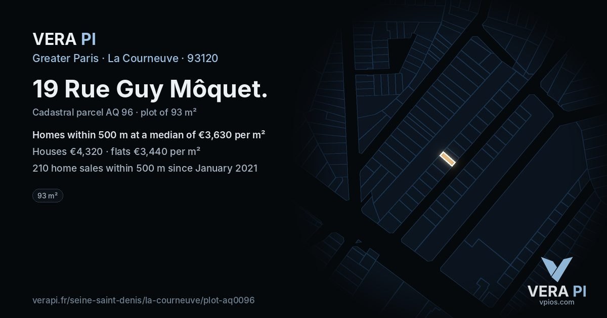 19 Rue Guy Môquet, La Courneuve at night – the plot lit, the parcels around coloured by the prices near them