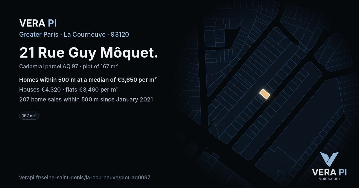 21 Rue Guy Môquet, La Courneuve at night – the plot lit, the parcels around coloured by the prices near them